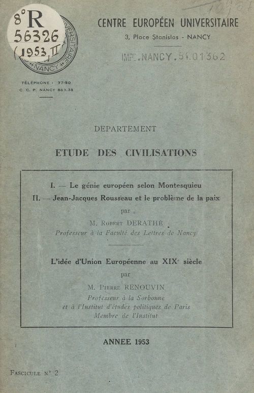Couverture ebook de Le génie européen selon Montesquieu, de Pierre Renouvin, Robert Derathe