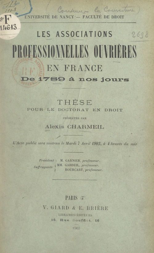 ebook cover of Les associations professionnelles ouvrières en France, de 1789 à nos jours, by Alexis Charmeil