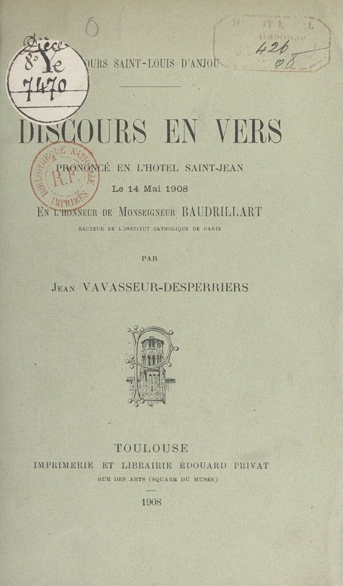 ebook cover of Discours en vers prononcé en l'Hôtel Saint-Jean le 14 mai 1908, en l'honneur de Monseigneur Baudrillart, by Jean Vavasseur-Desperriers