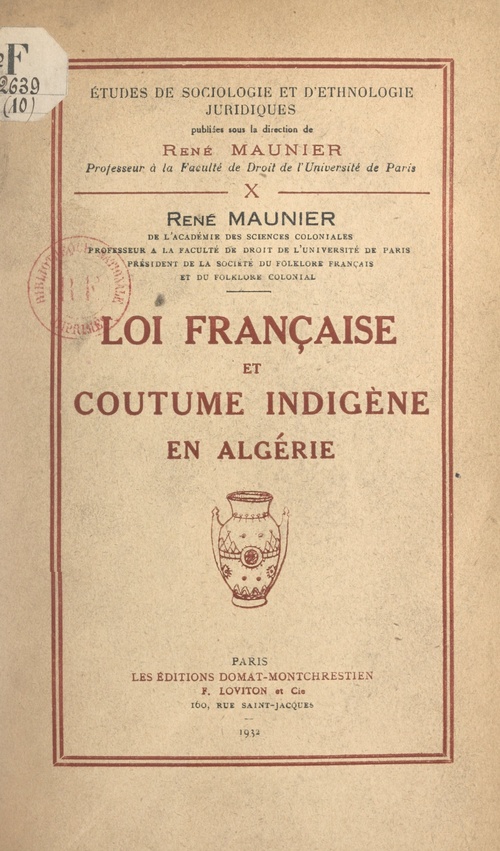 ebook cover of Loi française et coutume indigène en Algérie, by Rene Maunier
