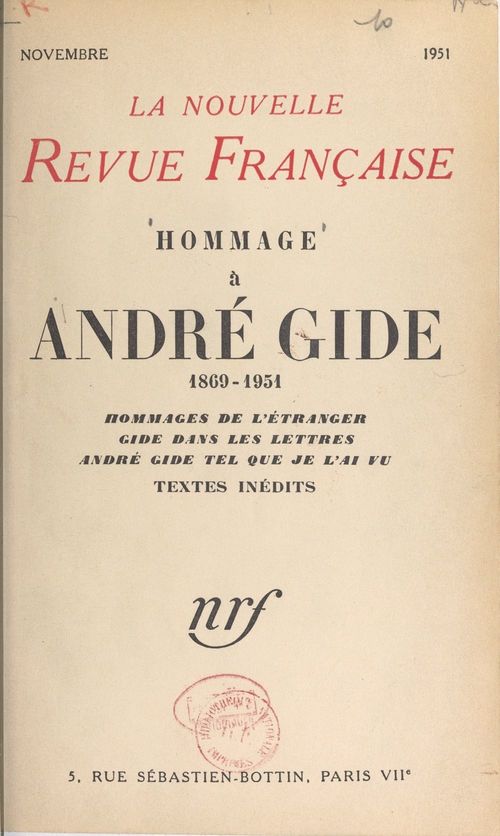 Couverture ebook de Hommage à André Gide, 1869-1951, de Collectif