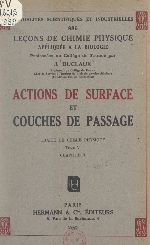 Couverture ebook de Actions de surface et couches de passage (5). Traité de chimie physique, de Jacques Duclaux