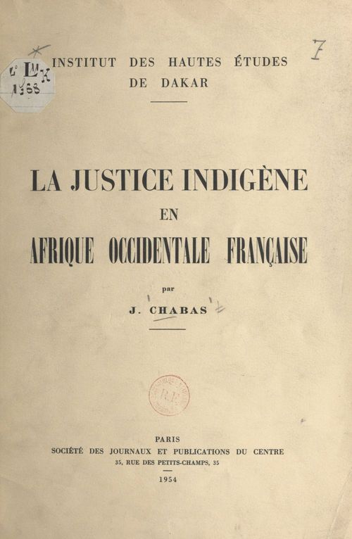 ebook cover of La justice indigène en Afrique occidentale française, by Jean Chabas