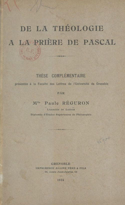 ebook cover of De la théologie à la prière de Pascal, by Paule Reguron