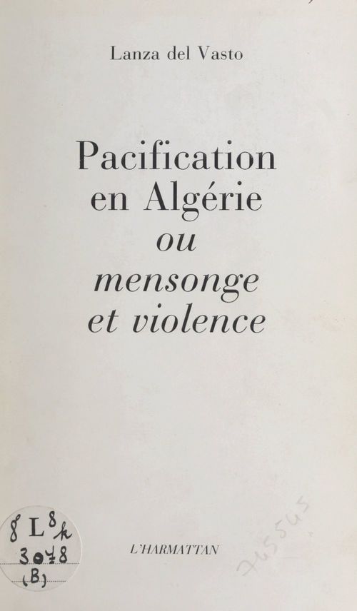 Couverture ebook de Pacification en Algérie, de Lanza del vasto
