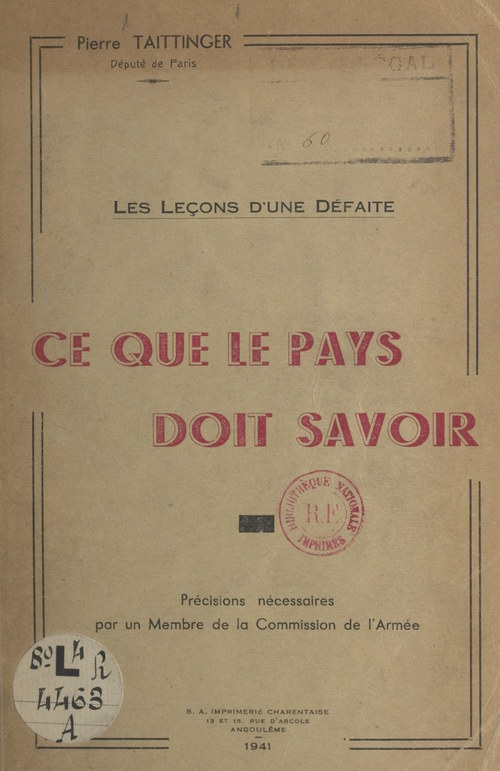 ebook cover of Les leçons d'une défaite, ce que le pays doit savoir, by Pierre Taittinger