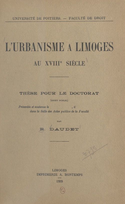 Couverture ebook de L'urbanisme à Limoges au XVIIIe siècle, de Robert Daudet