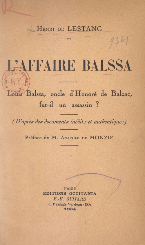 Couverture ebook de L'affaire Balssa, de Henri De Lestang