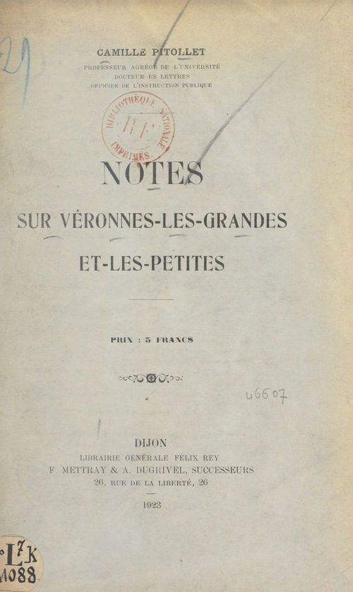 Couverture ebook de Notes sur Véronnes-les-Grandes et les-Petites, de Camille Pitollet