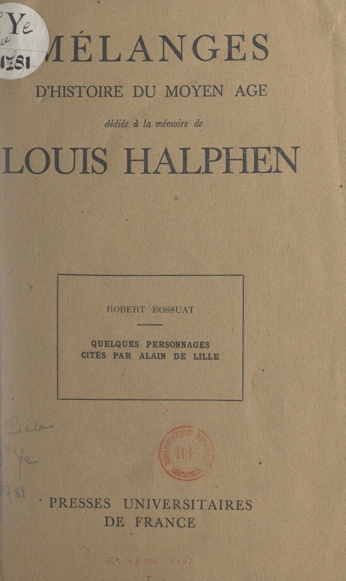 ebook cover of Quelques personnages cités par Alain de Lille, by Robert Bossuat