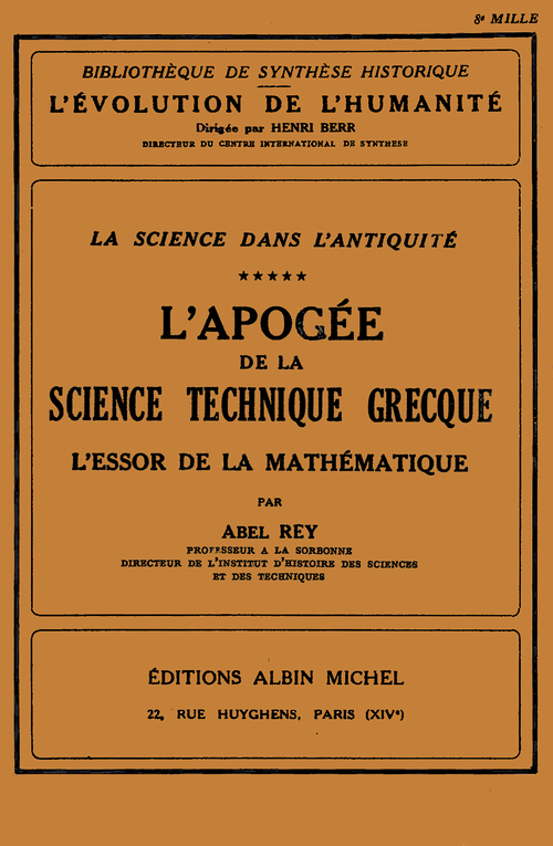 Couverture ebook de L'Apogée de la science technique grecque, de Abel Rey