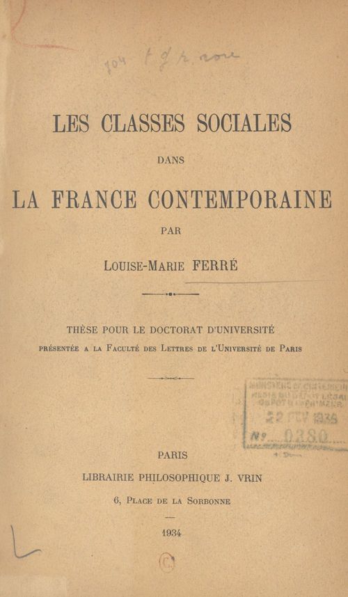 Couverture ebook de Les classes sociales dans la France contemporaine, de Louise-Marie Ferre