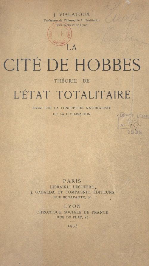 Couverture ebook de La cité de Hobbes : théorie de l'État totalitaire, de Joseph Vialatoux