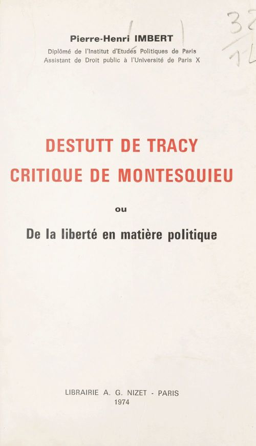 ebook cover of Destutt de Tracy, critique de Montesquieu, by Pierre-Henri Imbert