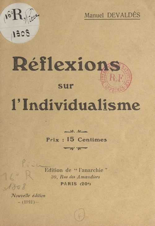 Couverture ebook de Réflexions sur l'individualisme, de Manuel Devaldes