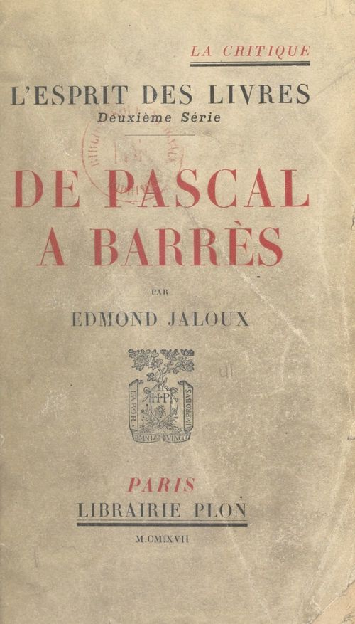 ebook cover of De Pascal à Barrès, by Edmond Jaloux