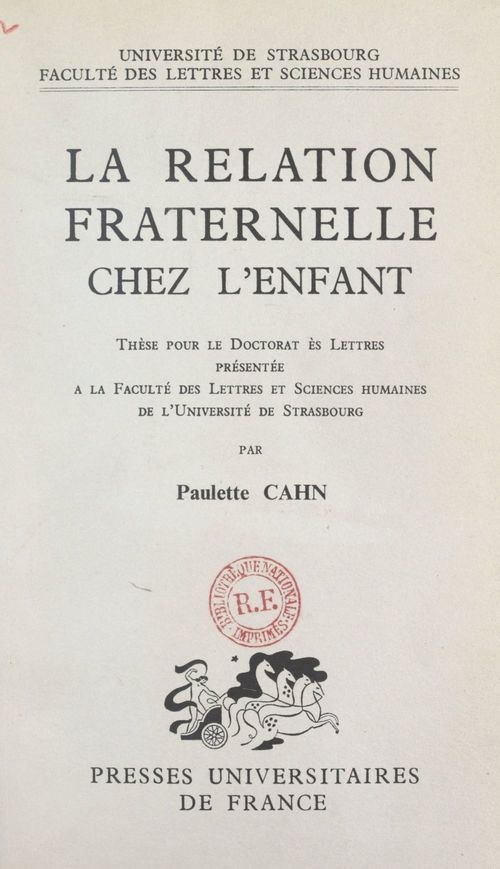 Couverture ebook de La relation fraternelle chez l'enfant, de Paulette Cahn