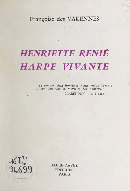 Couverture ebook de Henriette Renié, harpe vivante, de Francoise Des Varennes