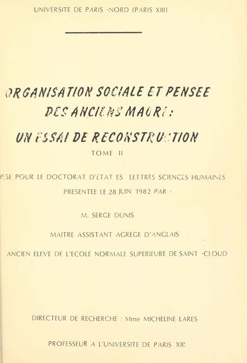 ebook cover of Organisation sociale et pensée des anciens Maori : un essai de reconstruction (2), by Serge Dunis