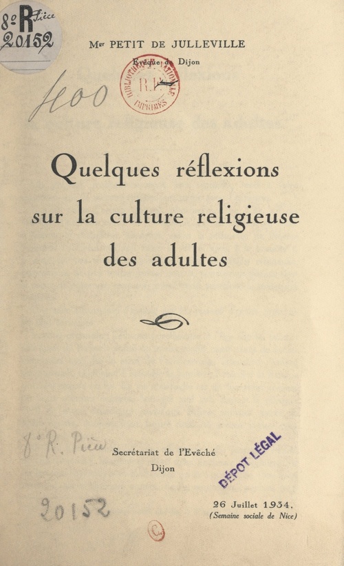 Couverture ebook de Quelques réflexions sur la culture religieuse des adultes, de Pierre Petit De Julleville