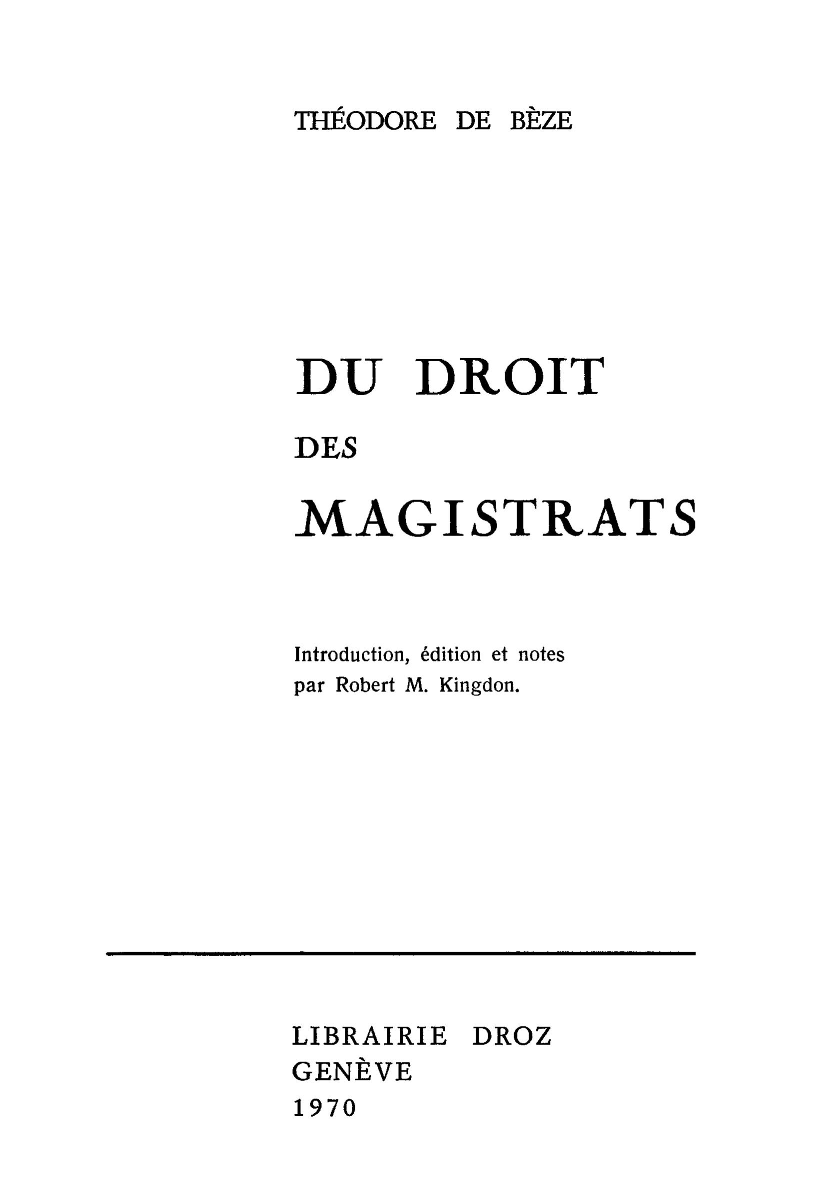 ebook cover of Du droit des Magistrats, by Theodore De Beze