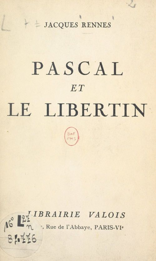Couverture ebook de Pascal et le libertin, de Jacques Rennes