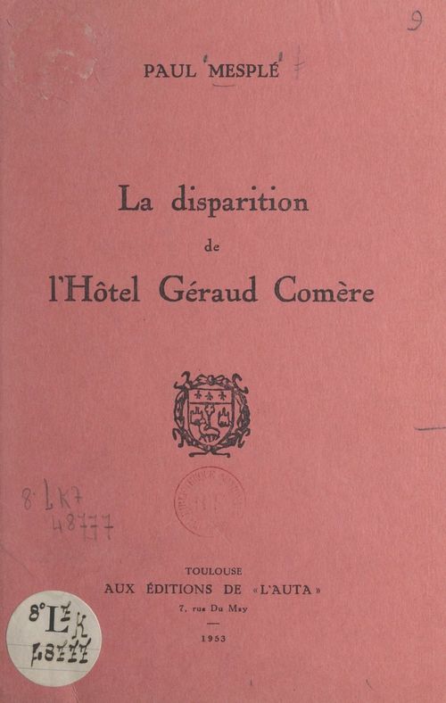 Couverture ebook de La disparition de l'Hôtel Géraud Comère, de Paul Mesple