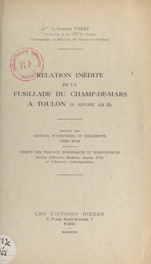 Couverture ebook de Relation inédite de la fusillade du Champ-de-Mars, à Toulon (Ier nivôse an II), de A.-Jacques Pares