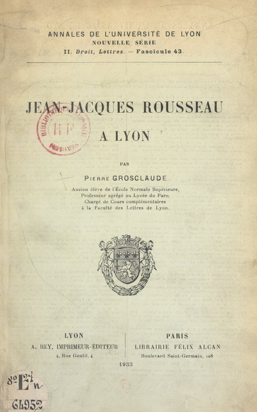 ebook cover of Jean-Jacques Rousseau à Lyon, by Pierre Grosclaude