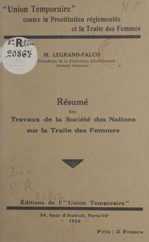 Couverture ebook de Résumé des travaux de la Société des nations sur la traite des femmes, de Marcelle Legrand-Falco