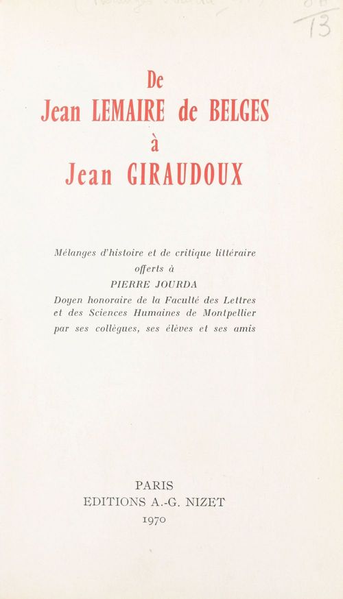 Couverture ebook de De Jean Lemaire de Belges à Jean Giraudoux, de Collectif