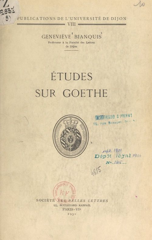 ebook cover of Études sur Goethe, by Genevieve Bianquis