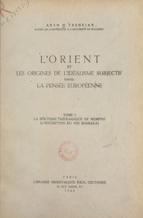ebook cover of L'Orient et les origines de l'idéalisme subjectif dans la pensée européenne (1), by Aram M. Frenkian