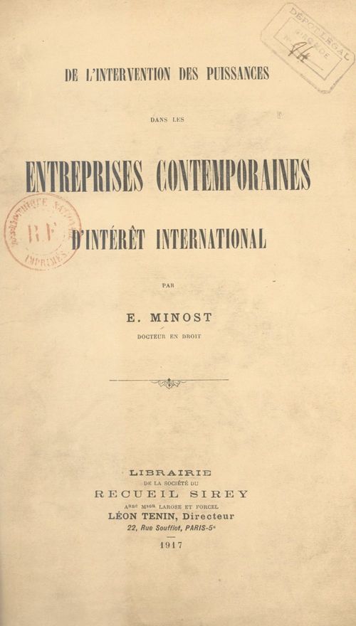 Couverture ebook de De l'intervention des puissances dans les entreprises contemporaines d'intérêt international, de Emile Minost