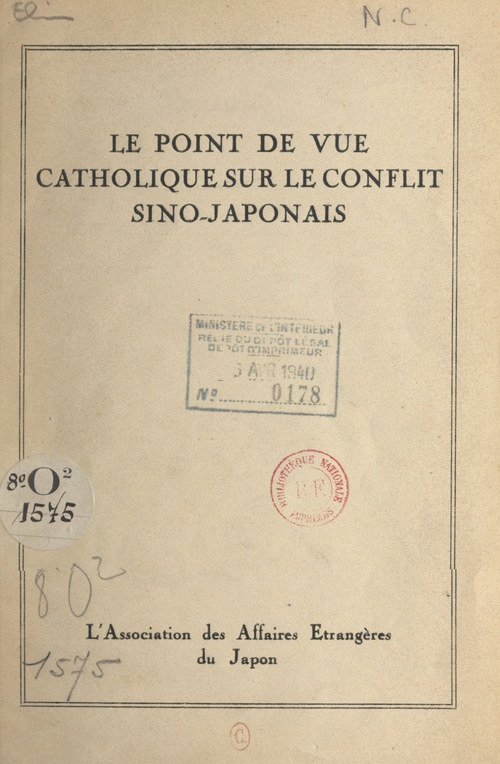 Couverture ebook de Le point de vue catholique sur le conflit sino-japonais, de S. Yamamoto