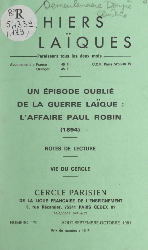 ebook cover of Un épisode oublié de la guerre laïque : l'affaire Paul Robin (1894), by Christiane Demeulenaere-Douyere