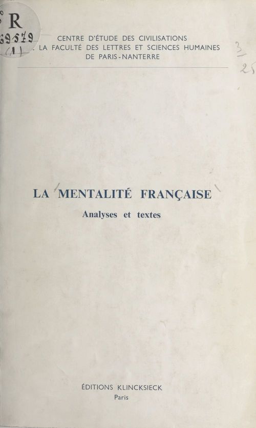 Couverture ebook de La mentalité française, de Centre D'Etude Des Civilisations De La F