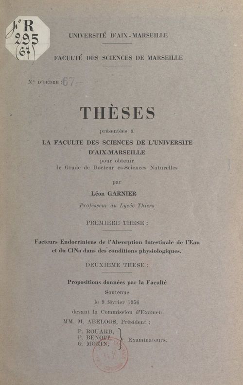 Couverture ebook de Facteurs endocriniens de l'absorption intestinale de l'eau et du ClNa dans les conditions physiologiques, de Leon Garnier