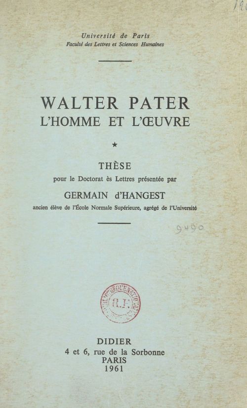 Couverture ebook de Walter Pater, l'homme et l'oeuvre, de Germain D''Hangest