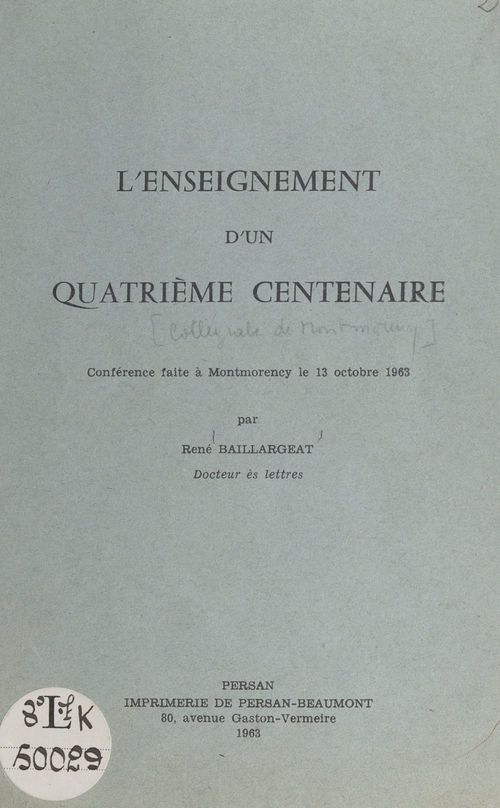 Couverture ebook de L'enseignement d'un quatrième centenaire, de Rene Baillargeat