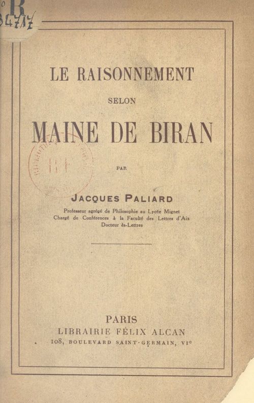 Couverture ebook de Le raisonnement selon Maine de Biran, de Jacques Paliard