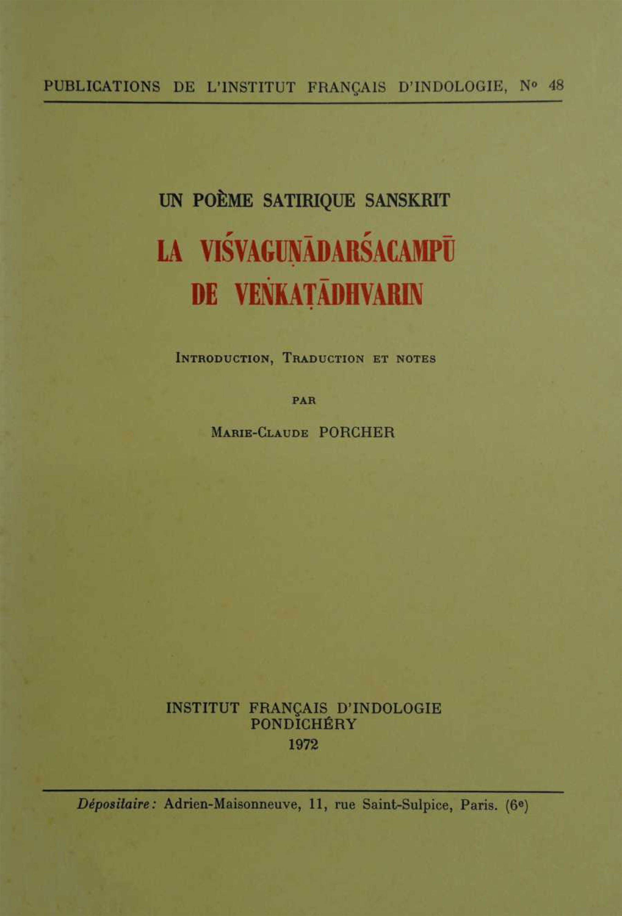 Couverture ebook de La Vi´svagunadar´sacampu de Venkatadhvarin, de Marie-claude Porcher