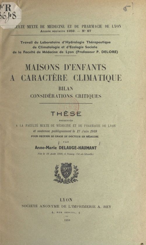 Couverture ebook de Maisons d'enfants à caractère climatique : bilan, considérations critiques, de Anne-Marie Delauge-Haumant