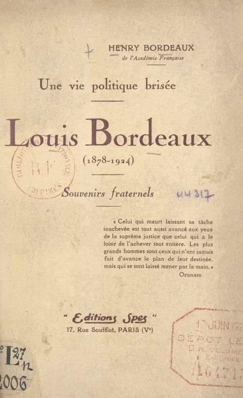 Couverture ebook de Une vie politique brisée, Louis Bordeaux (1878-1924), de Henry Bordeaux