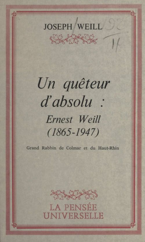 ebook cover of Un quêteur d'absolu : Ernest Weill, 1865-1947, by Joseph Weill