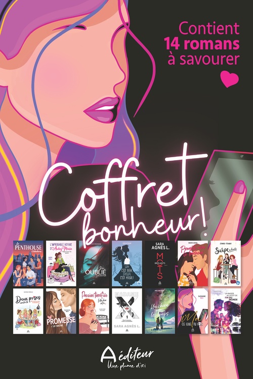 Couverture ebook de Coffret bonheur, de Marie-Jeanne Rioux, Suzanne Roy, Sara Agnes L., Sylvie G., Marie-Pier Meunier, Valerie Dionne, Sandra Verilli, Jennifer