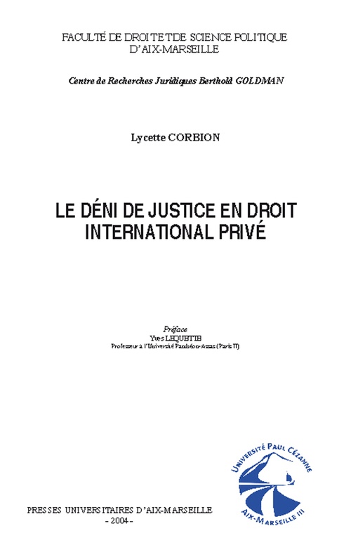 Couverture ebook de Le déni de justice en droit international privé, de Corbion Lycette