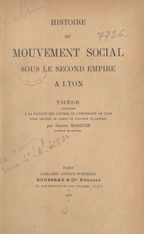 Couverture ebook de Histoire du mouvement social sous le second Empire à Lyon, de Sreten Maritch