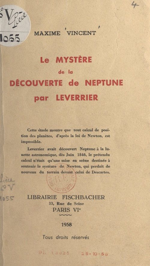 Couverture ebook de Le mystère de la découverte de Neptune par Leverrier, de Maxime Vincent