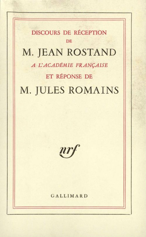 Couverture ebook de Discours de réception à l'Académie française et réponse de M. Jules Romains, de Jean Rostand